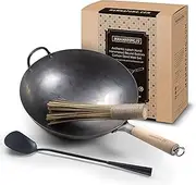 Mammafong 14inch Traditional Hand Hammered Round Bottom Carbon Steel Wok Set with Wok Spatula and Bamboo Brush, Pow Wok with Wok Accessories