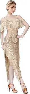 [Jormino] Sequin Fringe Latin Dance Dress, Mesh & Glitter Salsa Dresses for Women, Shimmery Party Skirts, Gold, Medium