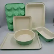 Baking Pans Set Nonstick Cookie Sheet Muffin Round Square Cake Loaf Green in Box