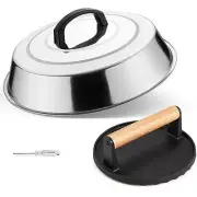 Melting Dome & Cast Iron Grill Press 12" Basting Cover with Round Bacon Press...