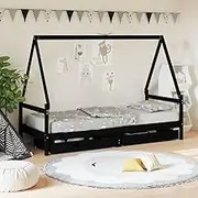 Kids Bed Frame with Drawers, 90x190 cm, Black Solid Pine Wood, House Bed Design, Sturdy Slats, Ample Storage, Low Height, Kid-Friendly