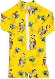 [Cheeky Chickadee] Unisex Long Sleeve Zip Swimmers UPF50+ | Hand-Painted Lemurs Print | Baby & Kids Swimwear | Australian Brand | Size 3-6M Yellow