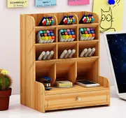 Office Desk Wooden Organizer Pen Pencil Storage Rack Box Holder Stationery Case