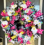 Cheerful & Bright Spring Summer Daisy Polka Dot Buffalo Plaid Deco Mesh Wreath