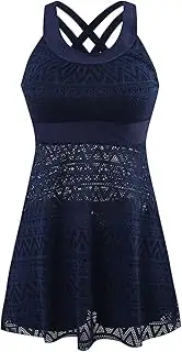 [JadeRich] Women's Crochet Lace Tankini Swimwear Set 2-Piece Bathing Suit Hollow Criss Cross Back Swim Dress