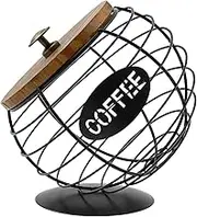 Fizocosisto Iron Coffee Pod Holder with Wood Lid,Large Capacity Coffee Pod Storage Basket Innovative Spherical Shape for Kitchen Countertop(Slanted black,Lid)