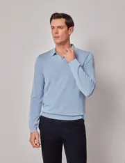 Hawes & Curtis Pale Blue Open Collar Knitted Cotton Polo Shirt | Long Sleeve Size: XL