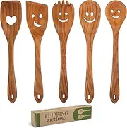 MFC 5-Piece Wooden Cooking Spoons - Kitchen Spatula Set from Natural Cherry Wood - Wooden Spoons for Cooking - Funny Utensil Set with Smiley Faces - Cooking Multipurpose Wood Utensils