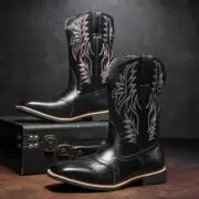 Mens Retro Western Cowboy Boots Embroidered Square Toe Mid Calf Boots sz 9