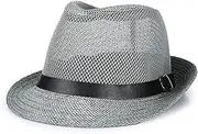 [Huloretions] Straw Fedora Hat for Men Packable Short Brim Roll Up Trilby Hat Panama Summer Beach Sun Hat UPF 50+ Foldable Floppy Travel Packable Staw Hat Grey, Grey, Medium