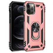 For Apple iPhone 12 Pro Case, Military Grade 360 Degree Rotating Metal Magnetic Ring Car Mount Holder Kickstand Shockproof Heavy Duty Cover (Rose Gold)