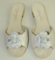 $1050 CHANEL Glitter Lace Camellia Flower Mules Slides Sandals Flat Shoes 37.5