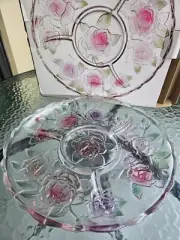 Vintage WP&G Rose Crystal 14” Serving Platter Rose Parade Chip & Dip