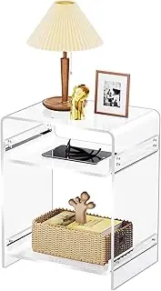 Acrylic Side Table Record Player Stand with Storage, Clear Nightstand Bedside Table End Table for Living Room, Bedroom (Clear)