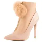 Privileged Queda Nude Patent Pointed Toe Fur Gold Zipper Dress Booties-Beige