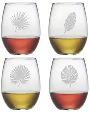 Susquehanna Glass Set of 4 Tropical Foliage Assortment Stemless Wine Glasses