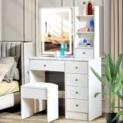 Dressing Table Stool Set Sliding Makeup Mirror Vanity Desk with 6 Drawers Wood