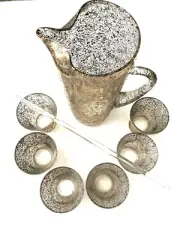 West Virginia Weston Gold White Splatter 8 Pc Bar Set Pitcher Stirrer 6 Glasses