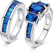 [MDFUN] Two-in-One Rings Set Created Blue Spinel 18K White Gold Plated Blue Cubic Zirconia Rings for Women Wedding Promise Engagement 2pcs Size 5-10