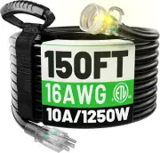 150FT 16 Gauge Black Outdoor Extension Cord Waterproof, 3 Prong Flexible Cold We