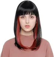 STfantasy Shoulder Length Bob Hair Wigs Straight with Air Bangs Synthetic Cosplay Daily Party Long Bob Wig for Women (Black & Red)