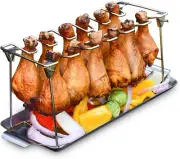 Chicken Leg Rack for Grill with Drip Tray - Easy to Use 12 Slots Chicken Wing Ra