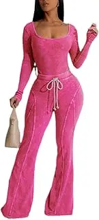 [ksotutm] 2 Piece Sets for Women Fall Long Sleeve Square Neck Bodysuit and High Waist Drawstring Flared Pants