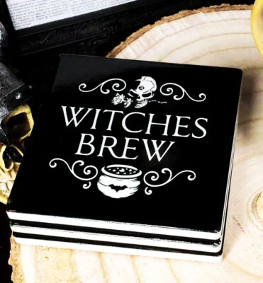 Ebros Witches Brew Rose Skull Cauldron Cork Backed Ceramic Coasters Set of 4