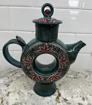 Handmade Signed Ceramic Stoneware Pottery Teapot Lid Circle Green Red Poinsettia