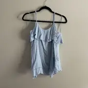 CeCe Women Sz S Blue Cold Shoulder 3/4 Sleeve Ruffled Neckline Blouse NWT