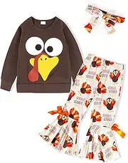 [DAKEIK] Thanksgiving Outfit Toddler Girl Cute turkey Print Long Sleeve Tops +Pants +headscarf 3pcs Sets
