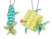 Barracuda and Whale Metal Fish Yellow and Teal Blue Holiday Ornaments