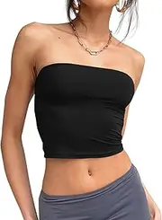 [Trendy Queen] Womens Tube Tops Strapless Crop Tops Basic Backless Sleeveless Bandeau Cute Summer Outfits Sexy Solid Tops