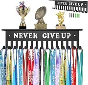 Award Hanger Display - Medall Hanger Display, Trophy Shelf with 15 Hooks | Medall Holder Never Give Up Holds Upto 90 Medals,Upgraded Medall Display for Gymnastics, Race, Soccer, Swim (Black)
