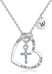 [JOVDEY] Cross Necklace for Girls | Heart Initial Necklace | Letter initial Necklace | Letter 18K White Gold Plated Pendant Jewelry First Communion Baptism Gifts Christmas Birthday Gifts for Girl Women