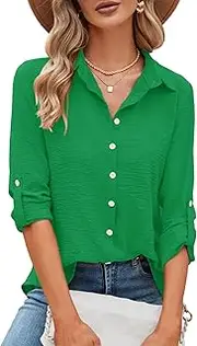 [Odosalii] Womens Button Down Shirts V Neck Rolled Up Long Sleeve Tops Elegant Dressy Blouses Business Casual Outfits