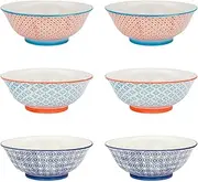 Nicola Spring Serving Bowl - Navy, Orange & Blue - 20cm - Pack of 6 - Hand Printed Porcelain Patterned Dish Bowls for Pasta, Noodles, Salad, Ice Cream Dessert, Snacks