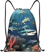 [TORONG] Unisex Printed Sharks under the sea Drawstring Backpack Gym Sports Travel or Yoga Sackpack that's Lightweight Adjustable
