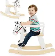 HONEY JOY Wooden Rocking Horse, Baby Ride On Toy w/Detachable Fences, 11-22 Degrees Gentle Rocking Motion, Comfy Seat & Backrest, Cute Patterns, Indoor Animal Rocker for Kids Over 3 Years Old, White
