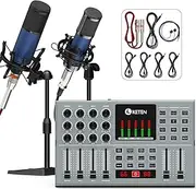 Podcast Equipment Bundle For 2, Keten Audio Interface with 48V & 3.5MM XLR Condenser Microphones for All-In-One DJ Mixer, Smartphone & PC, Perfect for Podcasting, Recording, Singing, Streaming, Gaming