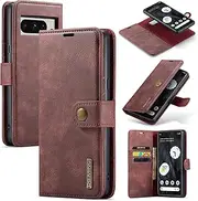 DG.MING for Google Pixel 8 Pro Genuine Leather Wallet Case, Detachable 2 in 1 Split Leather Wallet Phone Cover,Magnetic Pouch Shell,Red