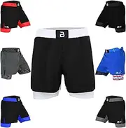 [2BOLD] MMA Shorts Men’s 2 in 1 Jiu-Jitsu Built in Compression Lining Athletic Gym Boxing Muay Thai BJJ No-Gi Grappling Shorts