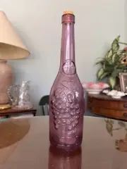 Purple Glass AM Wine Cork Bottle Decanter Grape Leaves Empty