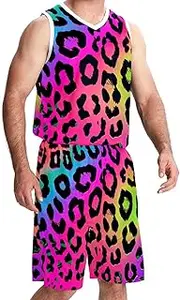 [KQNZT] Basketball Jersey, Outfit Tank Top Track Shorts, Men's Athletic Basketball Jersey, Rainbow Leopard Modern