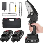 Upgraded 4-Inch Mini Chainsaw, 21V Battery Powered Cordless Chainsaw, Portable One-Handed Rechargeable Electric Chainsaw for Tree Trimming Branch Wood Cutting (2 Batteries, 2 Chains)