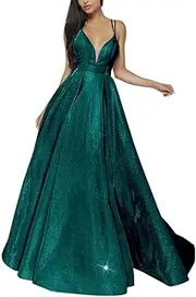 [VKBRIDAL] Women's V-Neck Prom Dresses Long Sparkly Ball Gown Side Split Glittery Spaghetti Formal Evening Gowns with Pockets