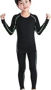 [Jenny Watson] 2 Piece Tracksuit for Boys Base Layer Long Sleeve Compression Sports Suit Sports Running Clothing Set Kids Basketball Training Gym Fitness Tights(Black Green line Size:24)