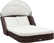 Outdoor Lounge Bed, Garden Sun Lounge Patio Sun Bed Lounger Day Bed Chaise Lounge Sun Lounger with Canopy Poly Rattan Brown