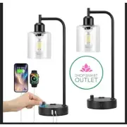 Industrial Table Lamps Set of 2 Dimmable with USB Ports, Black