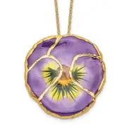 Fashion 24K Gold-Trim Lacquer Dipped Lilac Real Pansy 20 Inch Gold-Tone Necklace